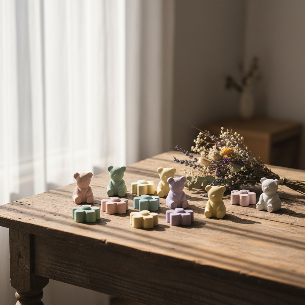 다양한 파스텔 톤의 곰돌이와 꽃 모양 석고 방향제들이 빈티지한 나무 테이블 위에 놓여 있고 옆에는 작은 드라이플라워 다발과 창가에서 들어오는 부드러운 아침 햇살이 비치는 풍경