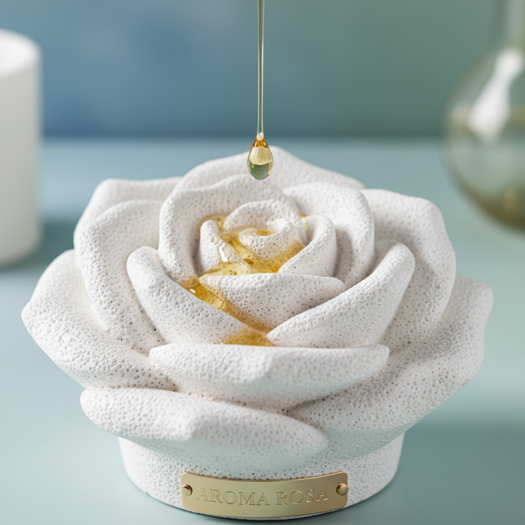 정교하게 조각된 장미 모양의 하얀색 석고 방향제를 근접 촬영하여 꽃잎의 섬세한 질감을 강조하고 그 위에 아로마 에센셜 오일 한 방울이 떨어지는 찰나의 고화질 이미지