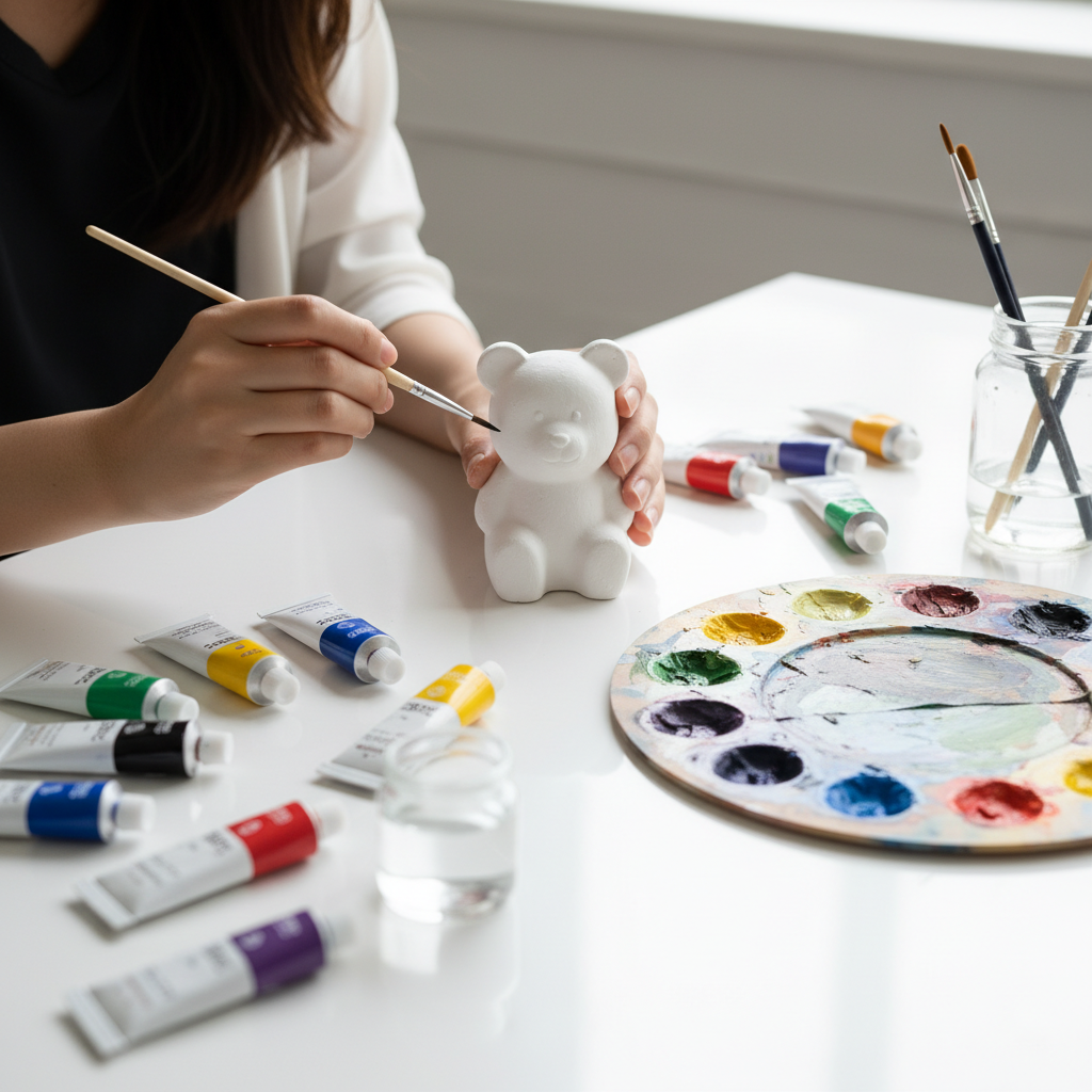 깔끔한 화이트 데스크 위에서 한 사람이 세밀한 붓을 사용해 곰 인형 모양의 석고 방향제에 눈과 코를 채색하는 모습과 주변에 배치된 알록달록한 아크릴 물감 및 팔레트