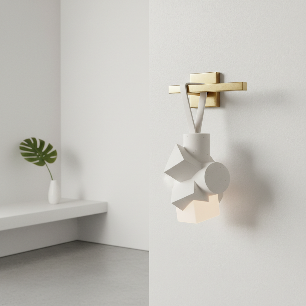 심플한 화이트 벽을 배경으로 현대적인 황동 문고리에 걸려 있는 기하학적 형태의 석고 방향제가 연출하는 미니멀하고 정갈한 실내 인테리어 분위기