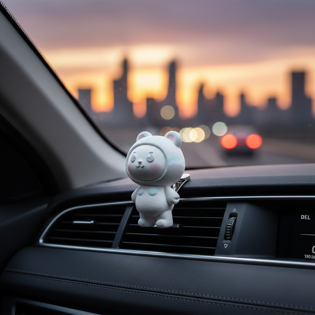 세련된 자동차 내부 송풍구에 귀여운 캐릭터 모양의 석고 방향제가 클립으로 고정되어 있으며 창밖으로 노을지는 도시의 풍경이 보케 효과로 흐릿하게 배경 처리된 사진