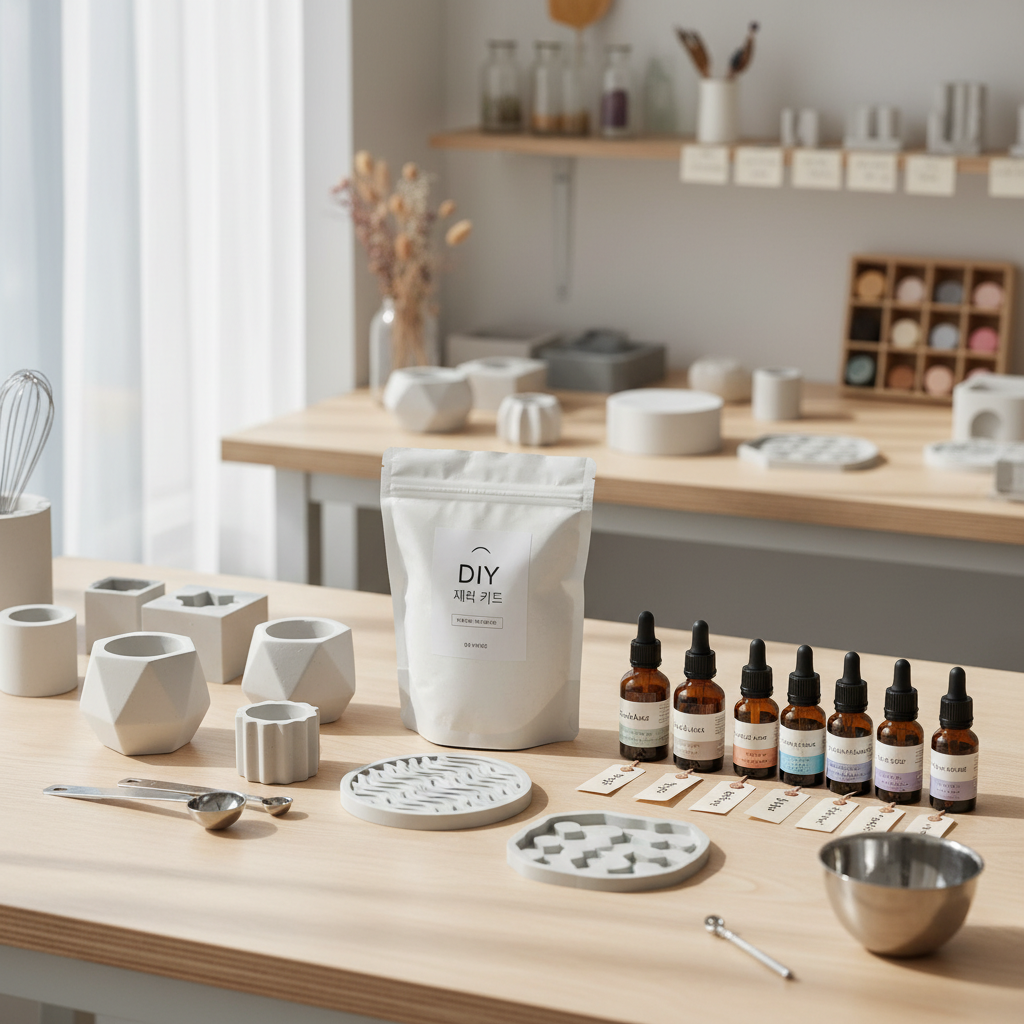 DIY 제작 과정을 보여주기 위해 깨끗한 작업대 위에 놓인 하얀 석고 가루 주머니와 다양한 실리콘 몰드 그리고 여러 종류의 향료 병들이 정돈되어 있는 전문가의 작업실 전경