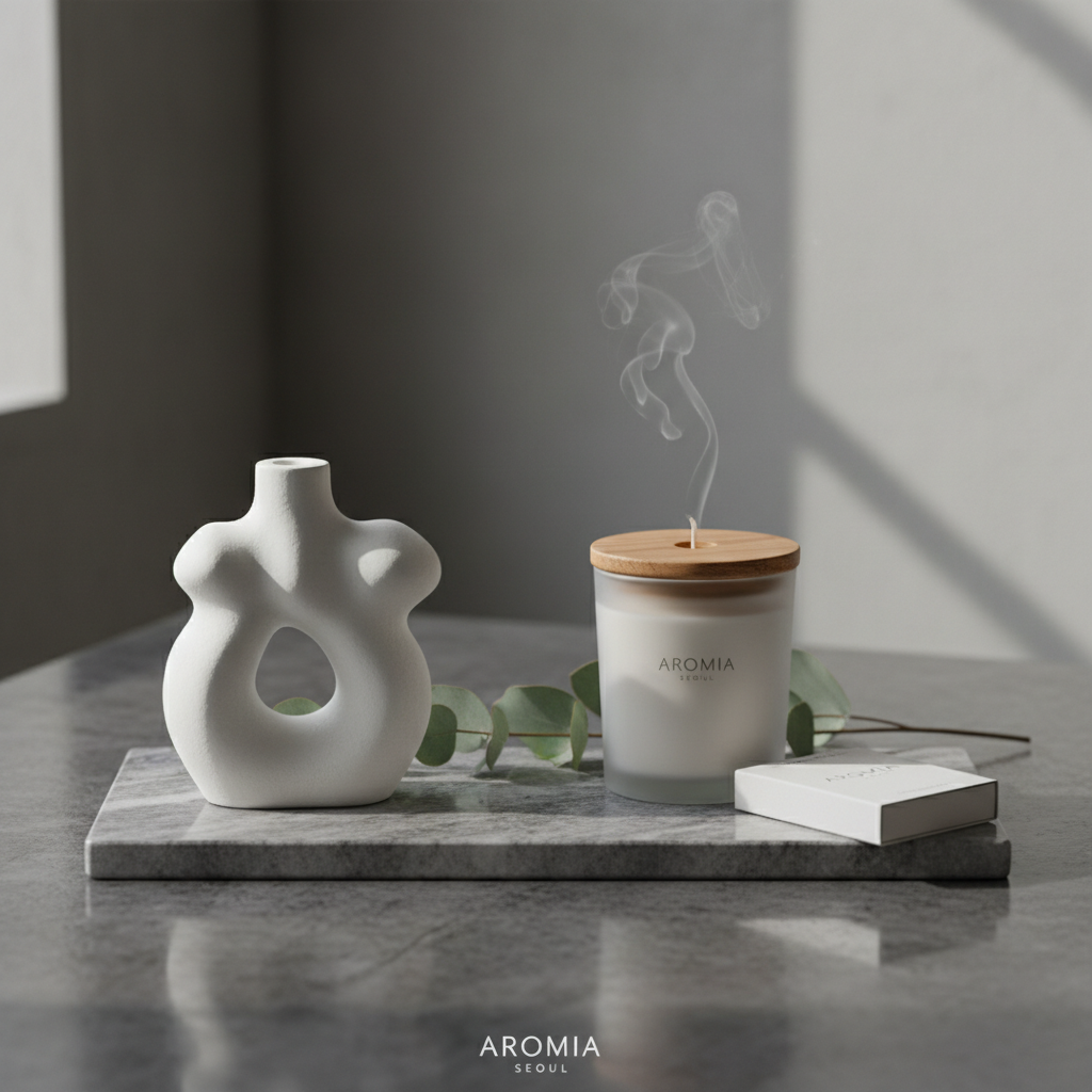 회색 대리석 트레이 위에 놓인 순백의 석고 방향제와 신선한 유칼립투스 가지 그리고 미니멀한 디자인의 향초가 함께 어우러져 시각적인 휴식과 향기로움을 전달하는 스틸 라이프